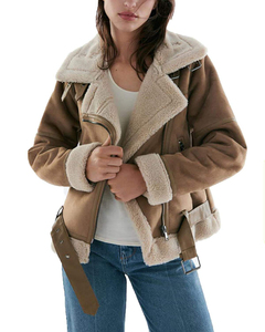 Women's Burgundy Leather Biker Jacket With Faux <b>Fur</b> Collar And Belted Waist Winter Moto Style Coat Full Sleeve Regular Fit - Product Image 2