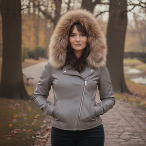 Veste en cuir gris pour femme, veste bomber en cuir respirante, style motard, streetwear d'hiver, veste moto, veste tendance - Product Image 1