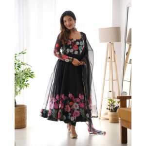 Magnifique robe Anarkali transparente et pantalon avec dupatta pour les fêtes, tenue élégante - Product Image 1