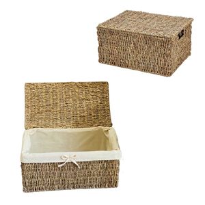 Wicker <b>Rectangular</b> Seagrass Eco-Friendly Multifunction <b>Storage</b> <b>Basket</b> with Lid and Metal Frame for Multi-Purpose Home Decor - Product Image 1