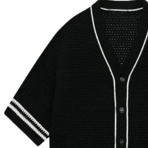 Men Crochet Knitted Baseball <b>Shirt</b> Short Sleeve Button Down Stripe Trim Casual Knit Top OEM Wholesale Supply - Product Image 3
