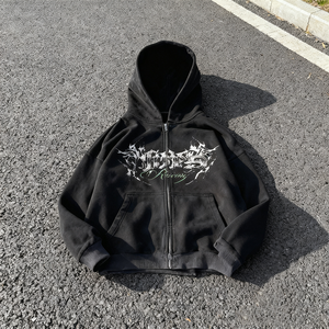 Sudaderas con capucha y cremallera unisex de algodón suave con estampado de fuente japonesa, lavado ácido, efecto desgastado por el sol, estilo clásico oversize, streetwear, God Speed - Product Image 1
