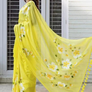 ผ้าซารีพิมพ์ลายดิจิทัลผ้าลินินแท้ 6.30 คัท พร้อมผ้าสำหรับตัดเสื้อ - Product Image 1