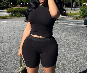 Ensemble décontracté d'été pour femme : Legging tricoté taille haute rose personnalisé à manches courtes, couleur unie, extensible et sexy - Product Image 6