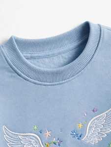 Sudadera de Invierno para Mujer, Cuello Redondo, Color Azul Claro, Felpa de Algodón Antipelusas, Hombros Caídos, Diseño de Alas de Ángel Bordadas en 3D - Product Image 3