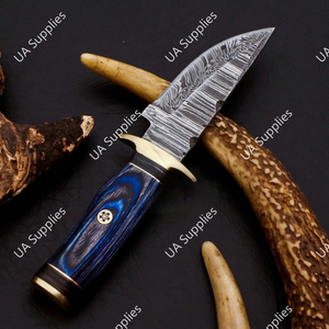 Best Selling Handmade Damascus Steel Drop Point Skinner Knife Blue Black Pakka Wood Handle Brass Guard Razor Sharp Fixed DIY - Product Image 5