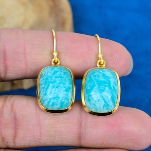 Natural Blue Amazonite Cushion Shape Gemstone Dangle Hook Earring 18k Gold Micron Over 925 <b>Sterling</b> <b>Silver</b> - Product Image 2