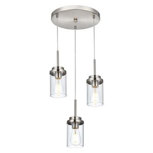 Lampadario a sospensione moderno a 3 luci in stile rustico, in nichel spazzolato, per isola cucina, con vetro trasparente - Product Image 1