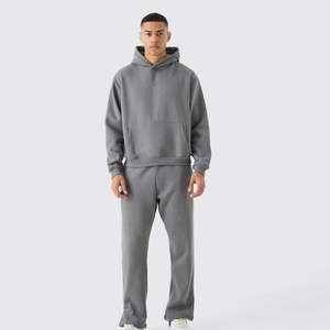 Sweat-shirt à capuche et pantalon de survêtement amples pour homme, personnalisés, en molleton de coton écologique uni, à épaules tombantes, manches longues, coupe latérale, coupe ample - Product Image 1