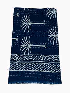 Handcrafted Indian Block Print Cotton Kantha <b>Quilt</b> Blue Floral Pattern Traditional Stitched <b>Bedspread</b> Home Decor Wedding Hotel - Product Image 2