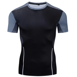 T-shirt pour homme à manches courtes, motif géométrique, coupe ajustée, sportif, séchage rapide, tricoté, col rond, noir - Product Image 1