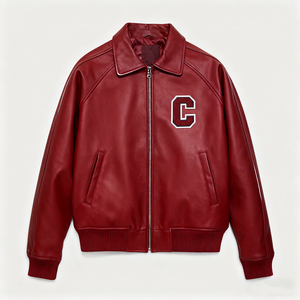 Men's Red PU Leather Varsity <b>Jacket</b> Stand Zipper Closure Front Letter Patch Casual Style Autumn Regular Fit Breathable Anti-UV - Product Image 2