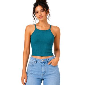 Débardeur court côtelé pour femme, couleur turquoise, personnalisé par le fabricant, sans manches, à fines bretelles, coupe ajustée, décontracté, pour l'été, style camisole, vêtement OEM - Product Image 1