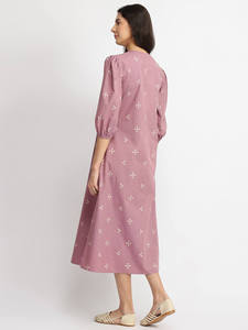 O-Neck <b>Three</b> Quarter Sleeve Midi Dress With Dot Print Puff Sleeve Loose Fit 100% Cotton Casual All Seasons Wear - Product Image 1
