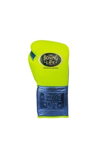 Gants d'entraînement MMA/Sanda personnalisés No Boxing No Life, jaune néon/bleu métallisé, cuir de vache véritable, lacets professionnels, pour l'extérieur - Product Image 5