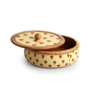 Contenedor Redondo de Madera para Guardar Pan con Tapa Artística Esmaltada, Organizador de Cocina y Comedor para Roti y Chapati - Product Image 2
