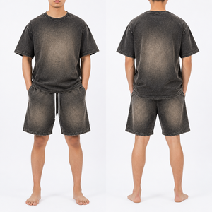 Ensemble coordonné t-shirt et short en coton épais délavé au soleil et à l'acide de qualité supérieure |   Survêtement vintage surdimensionné pour unisexe - Product Image 2