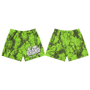 Pantalones Cortos Deportivos de Malla de Poliéster Premium de 160 GSM, Color Verde Neón con Estampado Negro, Transpirables, con Logotipo Personalizado por Transferencia de Calor - Product Image 1