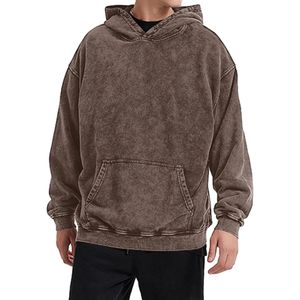 Brown Acid Wash Pullover Hoodie Men Streetwear Boxy Fit Drop Shoulder <b>Distressed</b> Soft Cotton Heavyweight Apparel <b>Top</b> - Product Image 3