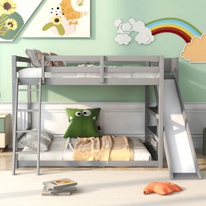 Lit superposé double avec échelle, glissière et étagères - Lit pour enfants gris - Product Image 2