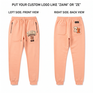 Pantalon de jogging pour homme en molleton brossé coton polyester 320 GSM, couleur pêche, grammage lourd, avec broderie chenille personnalisée et logo tissé - Product Image 1