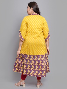 Cotton Anarkali <b>Kurti</b> In Mustard Ikat And Floral Print With Ruffle Sleeves Mandarin Collar For Plus Size Women's Wear - Product Image 2