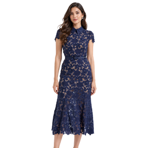 Vestido Midi de Encaje Floral Azul Marino al por Mayor para Mujer, Cuello con Solapa, Mangas Cortas, Línea A, con Cinturón, Elegante, para Fiestas de Primavera/Verano - Product Image 3