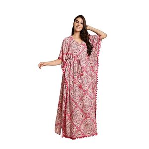 Camisón Kaftán Rosa de Rayón para Mujer/Talla Única/Estampado/Con Cordón/Camisón/Ropa de Dormir/Largo Completo - Product Image 1