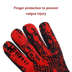 Custom Design Black and Red Knit Soccer Full Finger Goalkeeper Gloves 4mm German Latex Negative Cut with Thumb Wrap - Product Image 4
