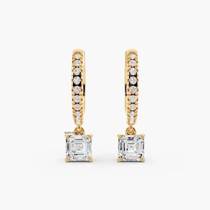 Asscher Cut Lab Grown Diamond Drop <b>Huggie</b> <b>Earrings</b> with Round Diamonds in 10K 14K 18K Gold 925 935 <b>Sterling</b> <b>Silver</b> - Product Image 1