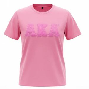 T-shirt rose ton sur ton AKA avec broderie chenille, en coton premium, col rond, unisexe, streetwear décontracté, coupe douce - Product Image 3