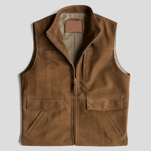 Chaleco de Lona Marrón para Hombre de Calidad Premium, Cuello Alto, Cierre de Cremallera, Ropa Exterior Informal de Otoño, Color Sólido, Bolsillos, Largo Regular - Product Image 5