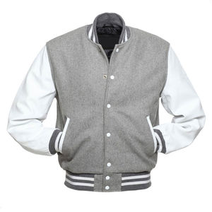 Veste varsity grise pour homme avec manches blanches, fermeture à boutons, style preppy, col rabattu, coupe classique, vêtement d'automne - Product Image 1