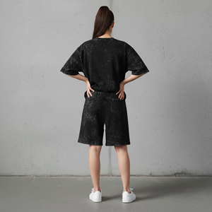 High Quality Oversized <b>Drop</b> Shoulder Women's 2 Piece Set 100% Cotton Solid Embroidered <b>Acid</b> Wash Streetwear Hip Hop Breathable - Product Image 5