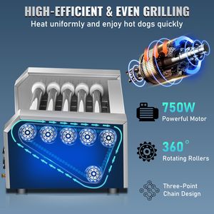 Cuocitore Commerciale a Rulli per Hot Dog da 12 Posti, 750W, in Acciaio Inossidabile, con Luce LED e Doppio Controllo della Temperatura per Mantenere Caldi i Hot Dog - Product Image 5