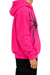 Sweat à capuche rose pour homme avec logo personnalisé, imprimé toile d'araignée, en coton tricoté, décontracté, pour l'automne, avec poche avant et logo. - Product Image 4