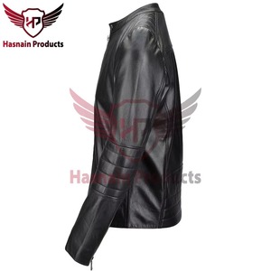 Chaqueta de Cuero Genuino Negra para Hombre, Corte Ajustado, Estilo Cafe Racer, Motociclista, Piel de Vacuno, Mangas Acanaladas, Clásica, Personalizada, Cálida para Invierno - Product Image 2