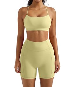Conjunto de Yoga sin Costuras de 2 Piezas, Top Corto de Cintura Alta y Pantalones Cortos, Color Sólido, Espalda Cruzada, Ropa Deportiva para Mujer - Product Image 4