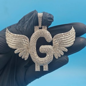 Angel Wings <b>Initial</b> Pendant Moissanite Fully Iced Out Letter G Charm Personalized <b>Necklace</b> Hip Hop Jewelry Gift for Unisex - Product Image 1