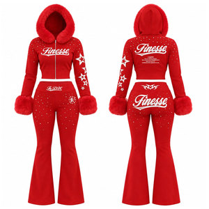 Conjunto de 2 Piezas Finesse Rojo, Top Corto con Capucha y Pantalones Acampanados con Estampado de Diamantes de Imitación, Cintura Alta, Ropa de Yoga a la Moda - Product Image 1