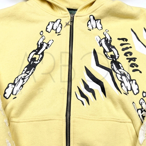 Excellent Fournisseur – Nouveauté : Sweat à Capuche Homme Style Urbain Jaune avec Fermeture Éclair Intégrale, Détails Manches Effet Vieilli et Motif Chaîne – Streetwear - Product Image 5