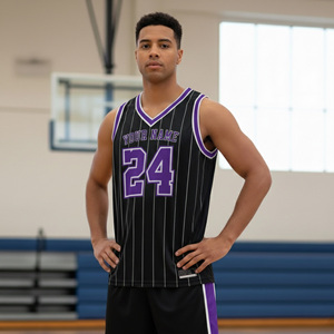 Camiseta de Baloncesto Personalizable para Hombre, sin Mangas, Cuello en V, Rayas Negras y Moradas, Transpirable, de Poliéster, Ropa Deportiva en Venta en Línea - Product Image 4