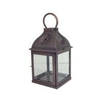 Lanterne à bougie hexagonale suspendue en métal rouge et argent galvanisé, avec anneau de fixation pour fenêtre ou toit, poignée et verre transparent