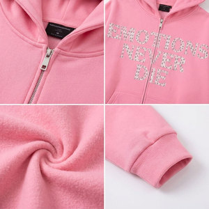 Sudadera con capucha rosa con cremallera, de algodón tejido, estilo casual, con estampado 'Emotions Never Die' en la parte delantera y trasera, diseño unisex para otoño. - Product Image 6