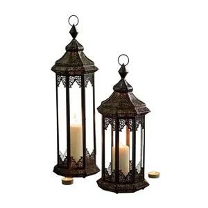 Ensemble de 2 lanternes à bougies en fer de style marocain, porte-bougie décoratif en métal, découpes complexes, fait main, imperméable, pour la maison, Noël - Product Image 5