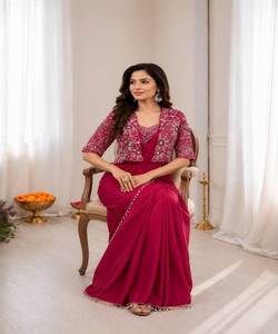 Sari listo para usar para mujer con chaqueta bordada, seda color granate, ropa étnica tradicional india para bodas y fiestas 82846 BB-59 - Product Image 2