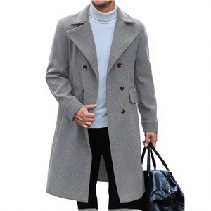 Manteau long en laine pour homme, double boutonnage, col rabattu, gris uni, épais, style manches classiques - Product Image 2