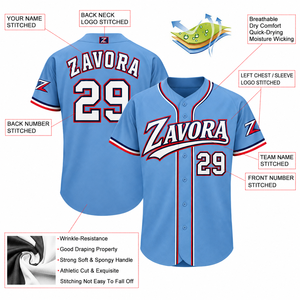 Jersey de Béisbol Azul Claro con Botones, MOQ Bajo, Nombre y Número Personalizados, Uniforme Deportivo con Logotipo Personalizado - Product Image 3