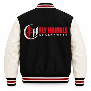 <b>Fly</b> Humble <b>Men's</b> Varsity <b>Jacket</b> Black White Red Stripe Sleeve Logo Patch Style Turn-down Collar Single Button wholesale - Product Image 4