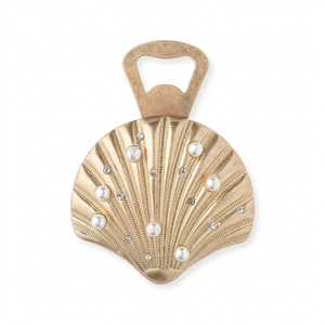 Ouvre-bouteille de luxe en forme de coquille dorée, avec un design côtelé orné de fausses perles élégantes et de cristaux étincelants, idéal pour les bars de plage. - Product Image 2